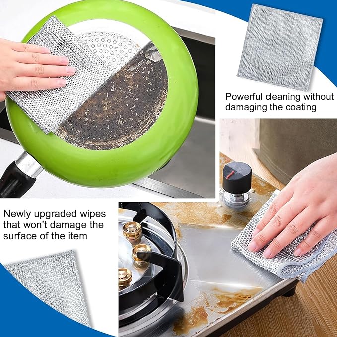 Multipurpose Wire Dishwashing cloth for Wet and Dry, Steel Scrubber Non-Scratch Wire Dishcloths for Cookware, Sinks, Dishes. Pack of 10 pcs