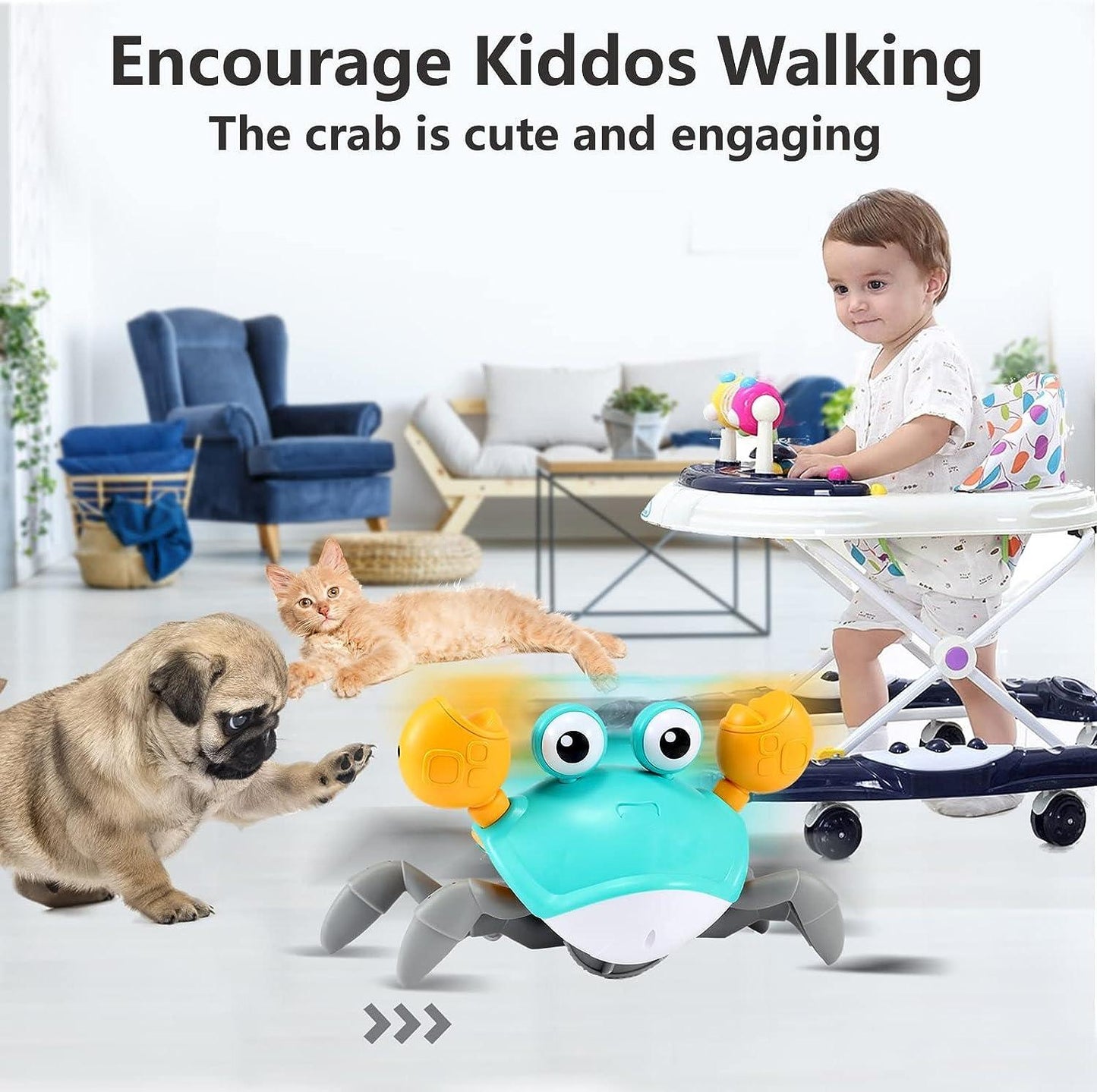 Crawling Crab Toys with Light Up, Interactive Musical Toy with Automatically Avoid Obstacles, USB Rechargeable, Fun Moving Toy for Babies, Toddlers and Kids